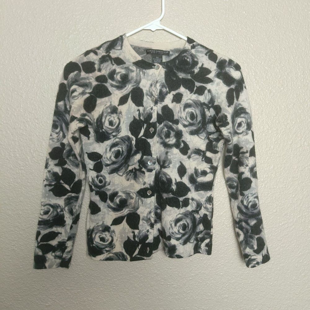 Sarah Spencer Black Cream Floral Print Lambswool Cardigan Sweater Size PS Women'